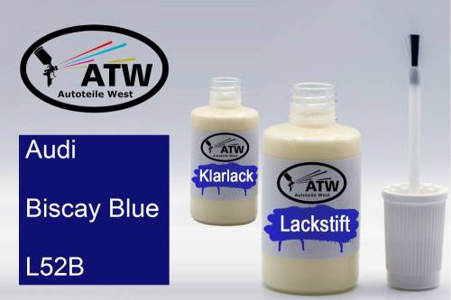 Audi, Biscay Blue, L52B: 20ml Lackstift + 20ml Klarlack - Set, von ATW Autoteile West.